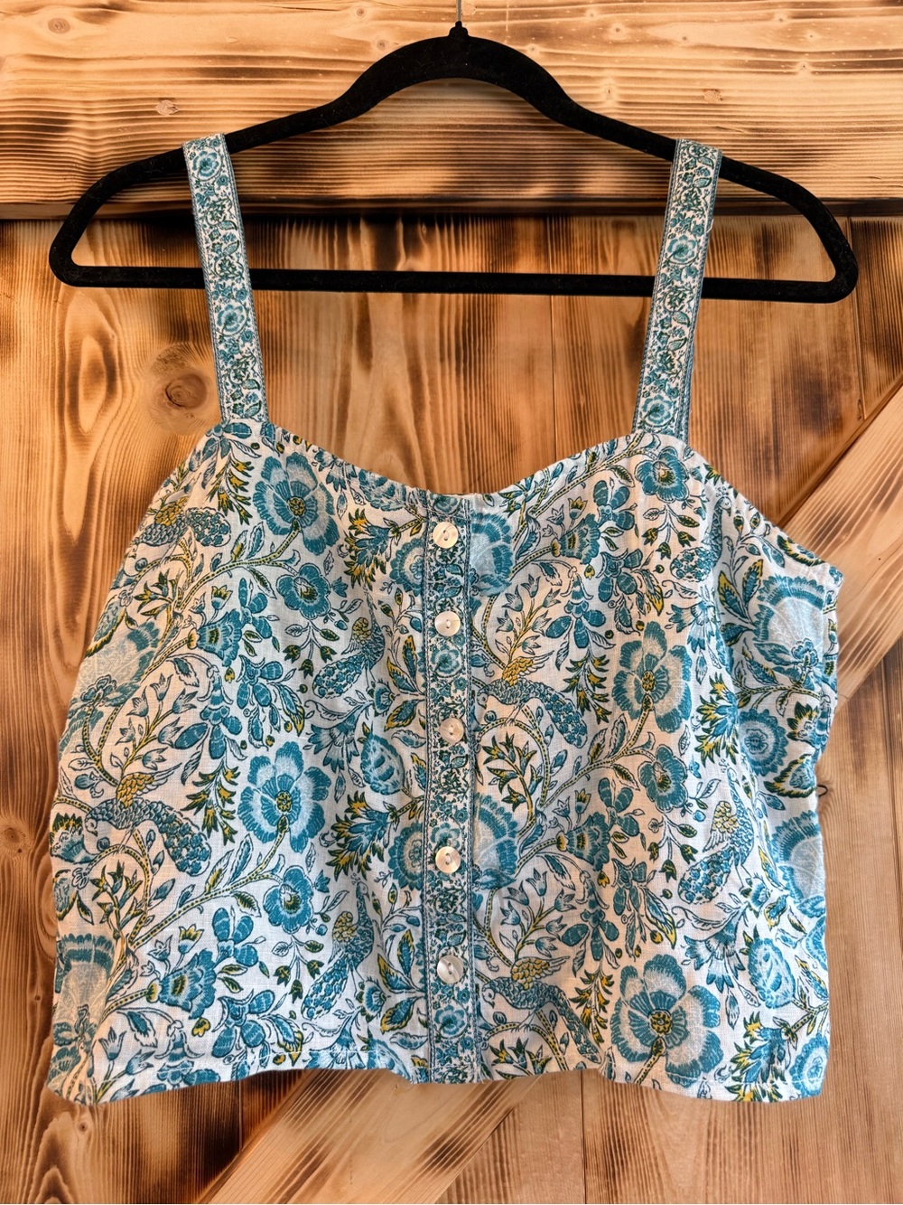 Rachel Zoe Teal Floral Button-Front Crop Top